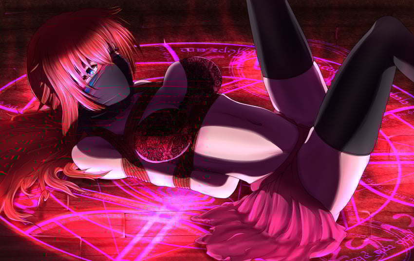 1girls big_breasts big_breasts black_stockings blue_eyes bondage elivians-collection female gag gagged high_school_dxd large_breasts red_bra red_hair rias_gremory skirt stockings struggling tied tied_up very_long_hair