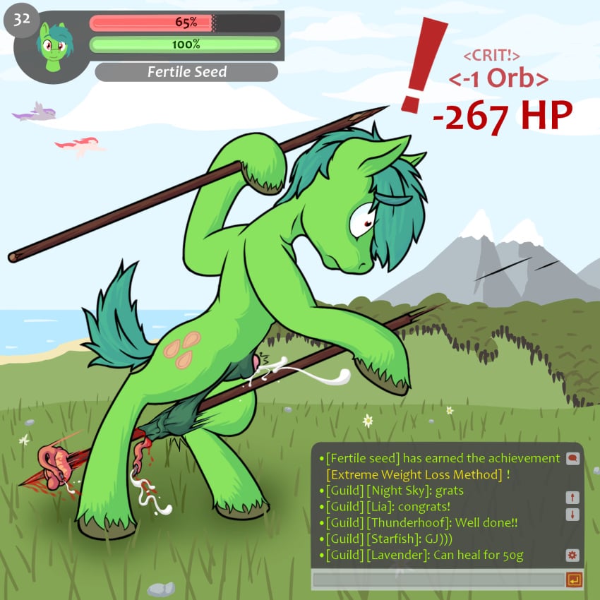 alonio animal_genitalia animal_penis balls blood bodily_fluids castration cock_and_ball_torture cum equid equine fertile_seed fur genital_fluids genital_mutilation genital_torture genitals gore green_body green_fur hasbro hi_res horse male mammal melee_weapon mutilation my_little_pony mythological_creature mythological_equine mythology pegasus penis polearm pony spear weapon wings