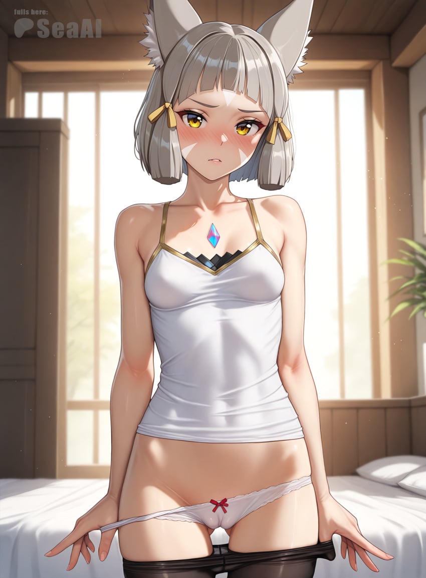 1girls ai_generated cowboy_shot indoors looking_at_viewer nia nia_(xenoblade) panties panty_pull pantyhose_down pantyhose_pull parted_lips seacreator shy skinny skinny_girl small_breasts solo standing tsundere xenoblade_(series) xenoblade_chronicles_2