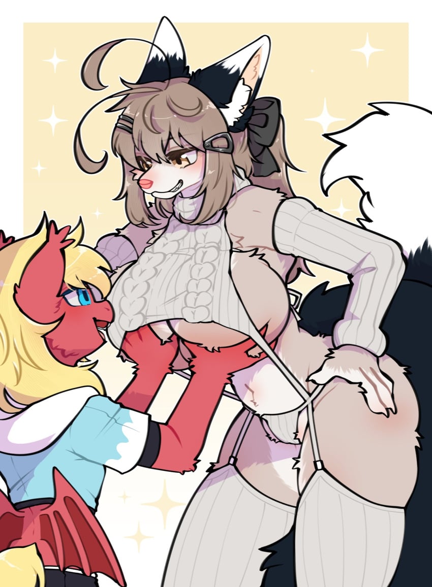 accessory anthro armwear bat_pony bed big_breasts big_tail blonde_hair blue_eyes breast_squish breasts brown_hair canid canine clothing duo elbow_gloves equid equine fan_character female fox furniture garter garter_straps gloves hair hair_accessory hairclip hand_on_breast handwear hasbro hi_res horse inner_ear_fluff jack_(jackpon3) jacket kabedon long_hair looking_at_another male male/female mammal milk_tea_fox my_little_pony pony red_body ribbons size_difference snow_angel_(artist) squish sweater tail teeth thong topwear tuft underwear wings
