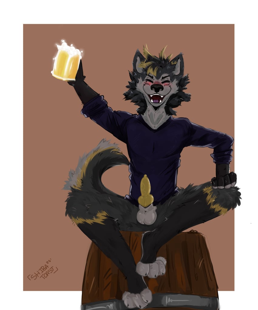 absurd_res alcohol anthro arm_tuft aroused balls barrel beer beer_bottle beer_foam beer_glass beer_mug beverage black_body black_fur blush bottle canid canine canis cheek_tuft closed_eyes clothing container domestic_dog drunk elbow_tuft facial_tuft feet femboy fluffy fluffy_chest fluffy_ears fluffy_hair fluffy_tail fur genitals grey_body grey_fur hair handpaw happy hi_res hindpaw hyena knot knotted_penis male mammal mostly_nude neck_tuft pawpads paws penis semi_nude shaded shibatoast shirt simple_background simple_coloring simple_eyes simple_face simple_nose simple_shading smile solo solo_focus solo_in_panel substance_intoxication tail teeth teeth_showing topwear tuft yellow_body yellow_fur