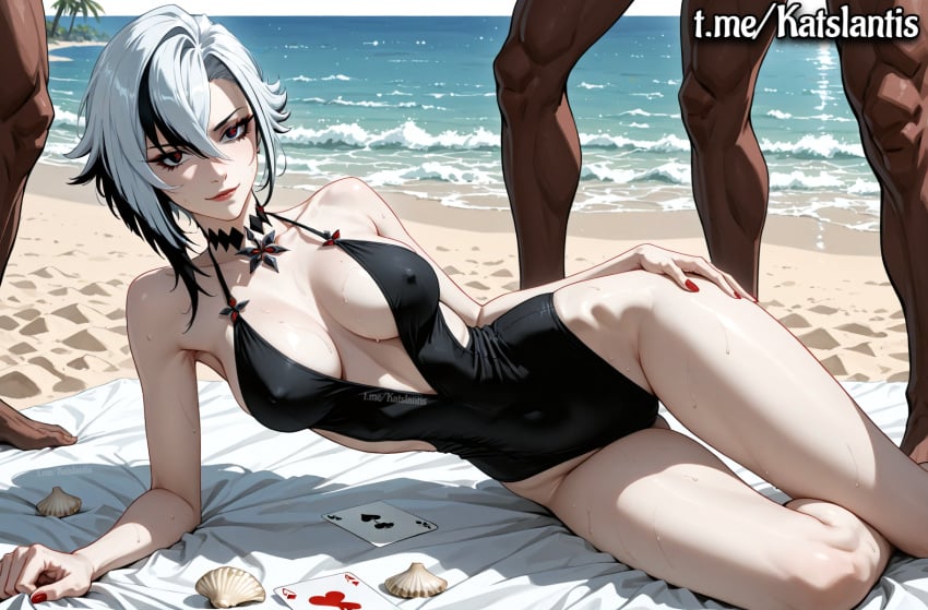 ai_generated arlecchino_(genshin_impact) ass_grab ass_grope ass_visible ass_visible_through_thighs beach beach_view black_swimsuit blush breast_groping breasts_squeezed_together choker cleavage cleavage_focus dark-skinned_male dark_skin day female fondling fondling_ass fondling_breast forced forced_exposure gangbang groping groping_ass groping_breast groping_breasts groping_crotch groping_from_behind groping_through_clothes human human_female interracial light-skinned_female light_skin male male/female outdoors passive_female submissive submissive_female touching_ass touching_breast touching_hair touching_pussy touching_through_clothing