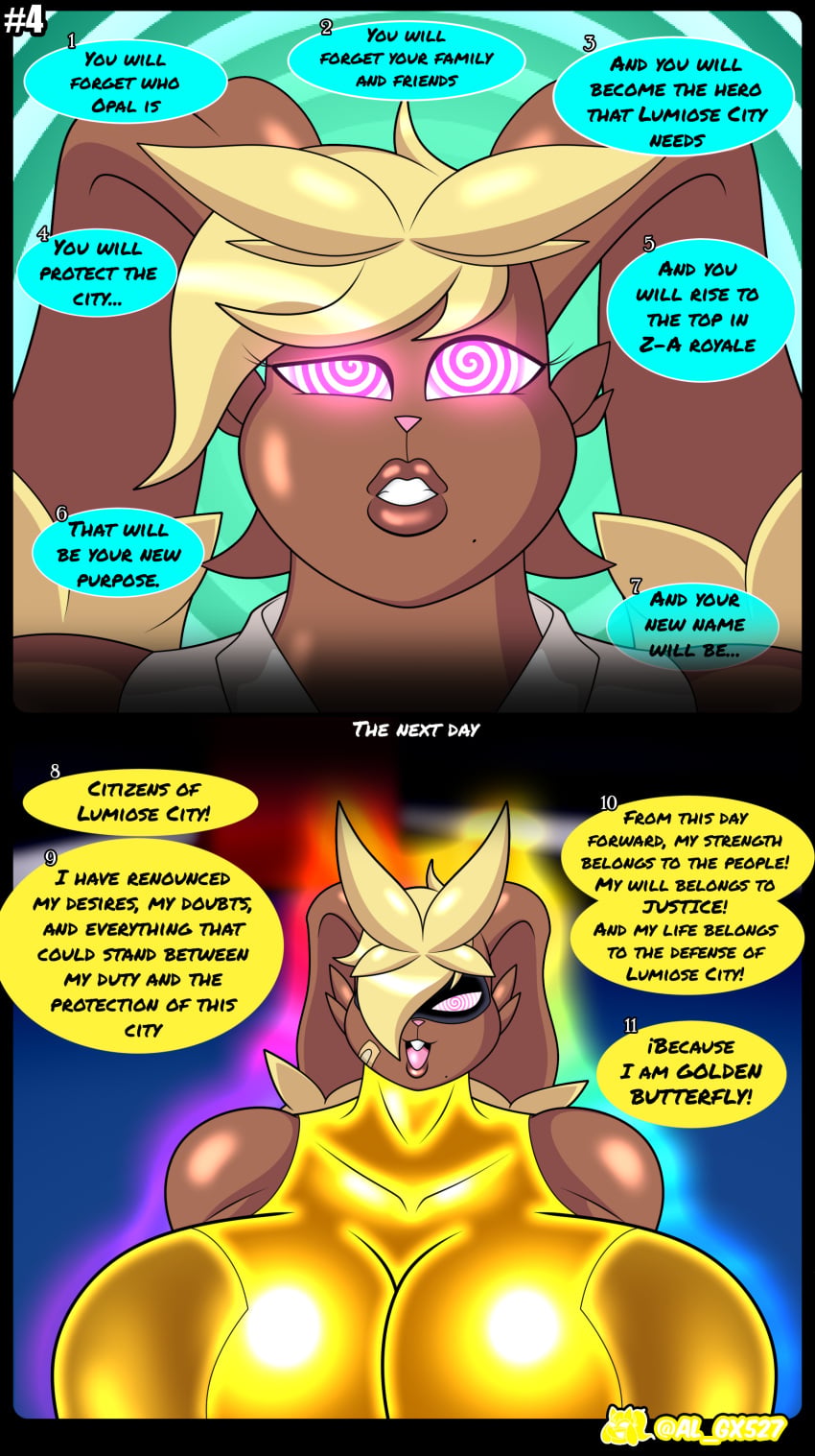 al_gx bunny_girl comic dialogue femsub furry huge_ass huge_breasts huge_lips large_ass leotard lopunny malamar mega_lopunny milf nintendo pokemon spiral_eyes super_hero transformation
