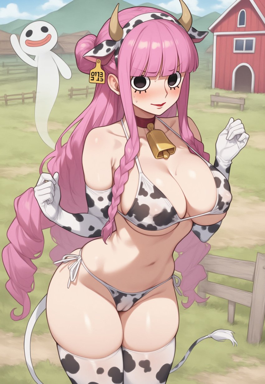 1girls ai_generated alternate_costume bare_shoulders big_breasts black_hair blue_eyes breast_press breasts bridal_gauntlets cleavage clothing collar collarbone cow_ears cow_girl cow_horns cow_print cowbell curvy earrings elbow_gloves eyelashes eyepatch_bikini female female_focus female_only garter_belt garter_straps gloves grey_background half-closed_eyes hips horn hucow huge_breasts human jewelry large_breasts legwear lingerie looking_up naughty_face navel on_knees one_piece open_mouth perona pinup pressing_breasts_together revealing_clothes seductive sideboob simple_background skimpy skindentation solo solo_female stockings teeth thick_thighs thighhighs toeless_legwear tongue tongue_out very_long_hair voluptuous wide_hips