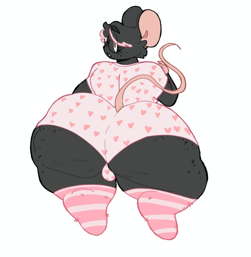 anthro avery_(lopsalien) back_view belly big_ass big_butt black_fur blush blush_lines booty_shorts brown_eyes buckteeth bulge cellulite choker chubby_male clothed clothing fat_ass fat_butt femboy feminine_male fluffy freckles freckles_on_face freckles_on_thighs glasses long_tail looking_at_another lopsalien male male_only mammal mouse neutral_expression no_panties nonbinary not_paying_attention oc onsie open_mouth original_character pink_hair plain_background plump short_hair shortstack small_bulge smaller_male socks solo solo_focus solo_male tail tail_up thick_thighs waving_at_viewer wide_hips wide_thighs