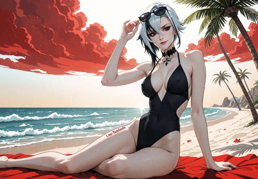ai_generated arlecchino_(genshin_impact) bare_shoulders beach big_breasts black_hair black_swimsuit breasts cleavage collarbone dominant_female female genshin_impact horny nude nude_female ocean one-piece_swimsuit palm_tree perfect_ass perfect_body perfect_legs red_eyes sand sex short_hair sideboob sitting smile solo sunglasses sunset towel wet white_hair
