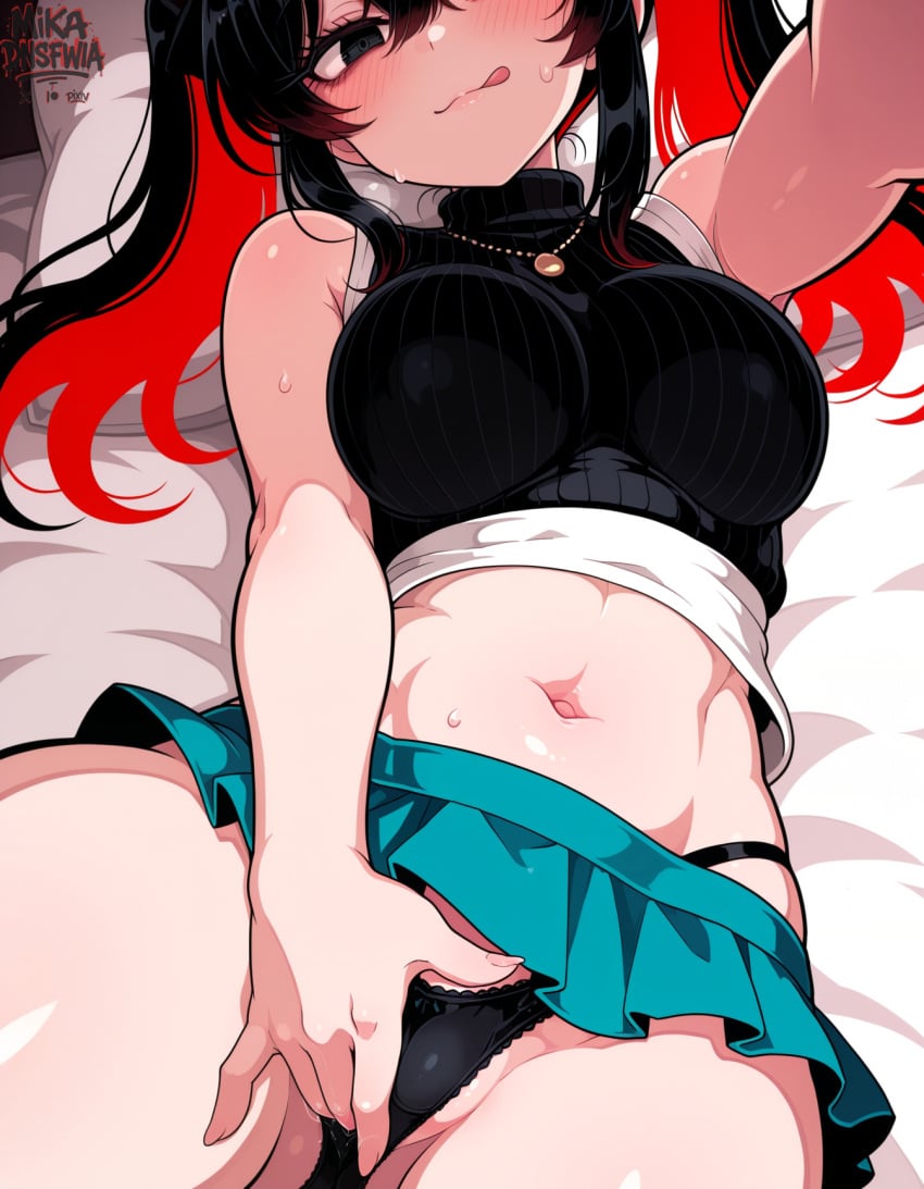 :p ai_generated aqua_skirt black_eyes black_hair black_panties black_sweater breasts colored_inner_hair female female_masturbation lying medium_breasts microskirt multicolored_hair navel on_back red_hair selfie sleeveless_sweater solo sono_bisque_doll_wa_koi_wo_suru sugaya_nowa twintails white_shirt