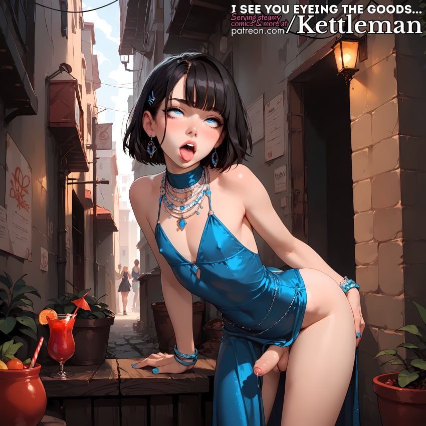 ai_generated alley black_hair blue_dress blue_eyes dress erect_penis erection eyes_rolling_back femboy feminine feminine_male flat_chest foreskin horny kettleman open_mouth petite posing precum precum_drip precum_string seductive sissy slender_waist slim_waist small_penis tiny_penis tongue tongue_out trap twink uncircumcised uncut