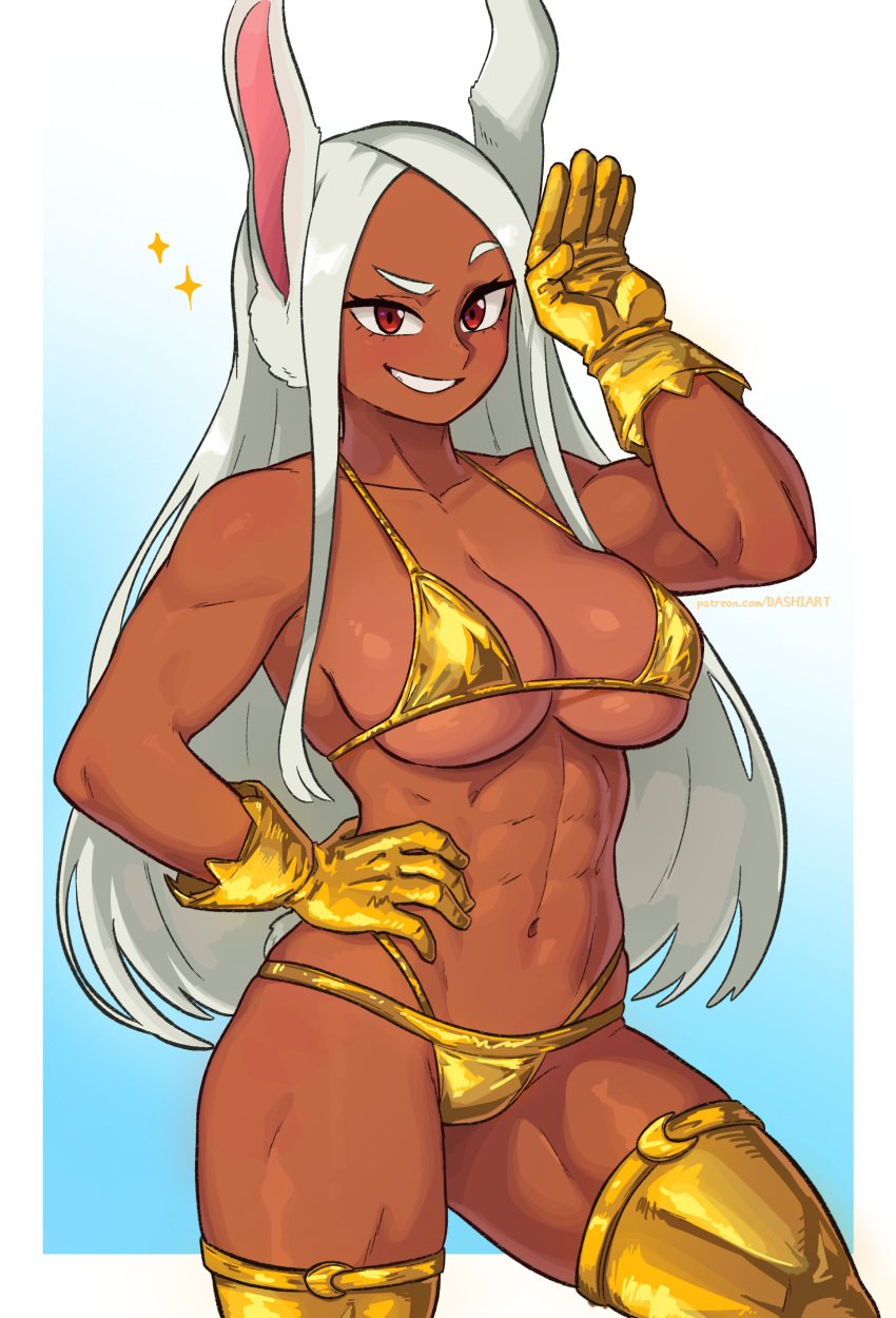 1girls abs absurdres animal_ears bikini blue_background boku_no_hero_academia border breasts cleavage collarbone crescent dark-skinned_female dark_skin dashi_art female gold_bikini gold_gloves gold_thighhighs gradient_background hand_on_own_hip hand_up heroine highres large_breasts long_eyelashes long_hair looking_at_viewer mirko miruko muscular muscular_female my_hero_academia navel parted_bangs patreon_username rabbit_ears rabbit_girl rabbit_tail raised_eyebrow red_eyes rumi_usagiyama smile solo sparkle stomach straight_hair superheroine swimsuit tail thick_thighs thighhighs thighs toned toned_female very_long_hair white_border white_hair