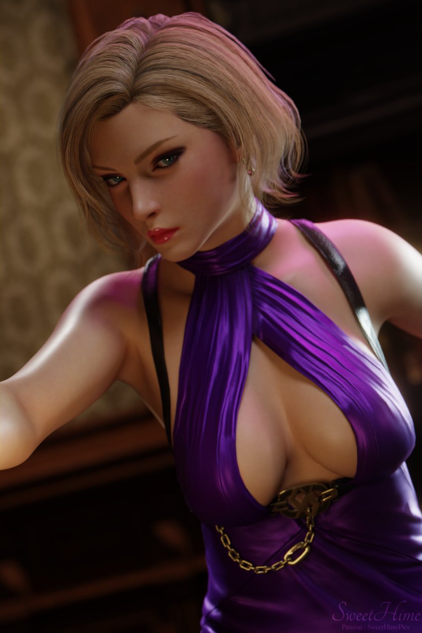 1girls 3d blonde_hair blue_eyes bob_cut boob_window chains cleavage dress earrings harness looking_at_viewer medium_breasts medium_hair nina_williams purple_dress red_lipstick selfie solo sweethime tekken tekken_8