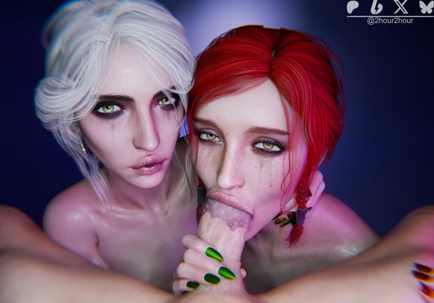 1boy 2girls 2hour2 3d 3d_(artwork) 3d_model 3d_render blender blowjob braided_hair bubbles ciri ear_piercing earrings eye_contact eyebrows eyelashes eyeshadow fellatio green_eyes green_nail_polish green_nails hand_on_neck hand_on_penis hazel_eyes mascara mascara_smear mascara_tears nail_polish oral oral_penetration oral_sex pov pov_eye_contact red_hair red_nail_polish red_nails redhead_female saliva sloppy sloppy_blowjob the_witcher_(series) the_witcher_3:_wild_hunt threesome triss_merigold wet wet_skin white_hair white_skin
