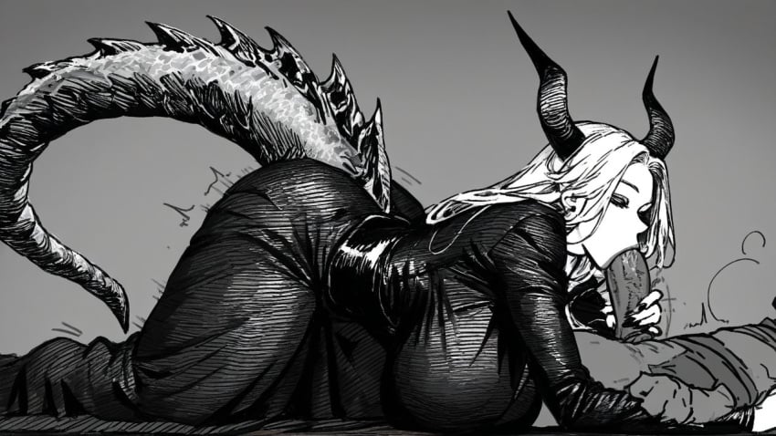 1boy 1boy1girl 1girls ai_generated big_breasts big_penis big_tail bigger_female black_clothing black_dress blowjob breasts dark_skin demon demon_girl demon_horns demon_queen dragon_girl dragon_horns female goblin goblin_male handjob horn horns long_hair male monster mr_none smaller_male white_hair