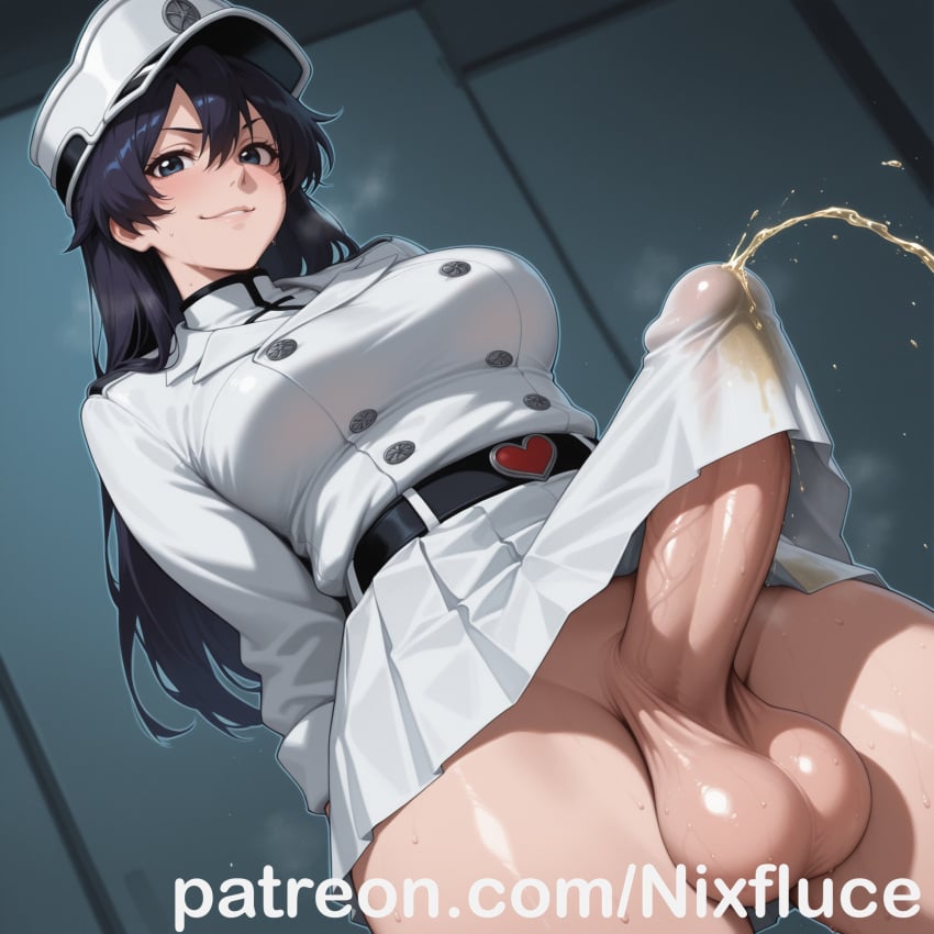 1futa ai_generated bambietta_basterbine black_hair bleach bleach:_the_thousand-year_blood_war exposed_penis futanari grin intersex nixfluce peeing skirt urination wardrobe_malfunction white_skirt white_uniform