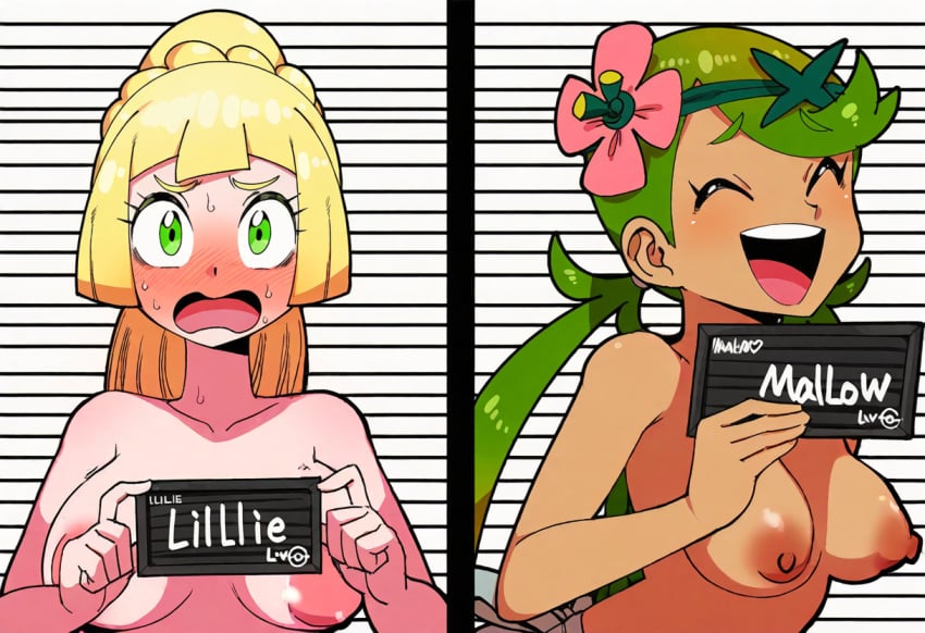 2girls ai_generated breasts dark-skinned_female dark_skin duo female lillie_(pokemon) looking_at_viewer mallow_(pokemon) medium_breasts meme mugshot mullon nipples novelai pokemon pokemon_sm smile topless