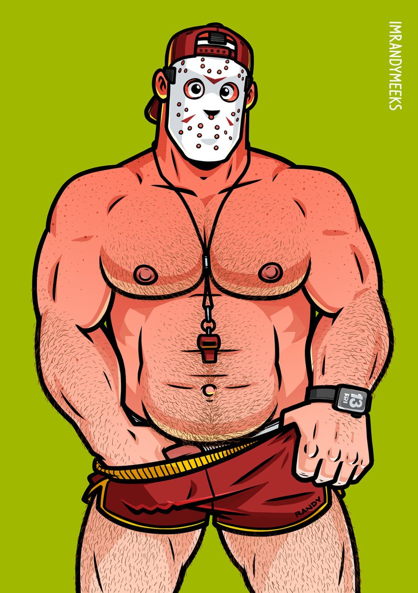 backwards_baseball_cap balls bara baseball_cap body_hair boner erection friday_the_13th hockey_mask jason_voorhees male male_only mask muscles muscular penis randyslashtoons shirtless shorts solo solo_male