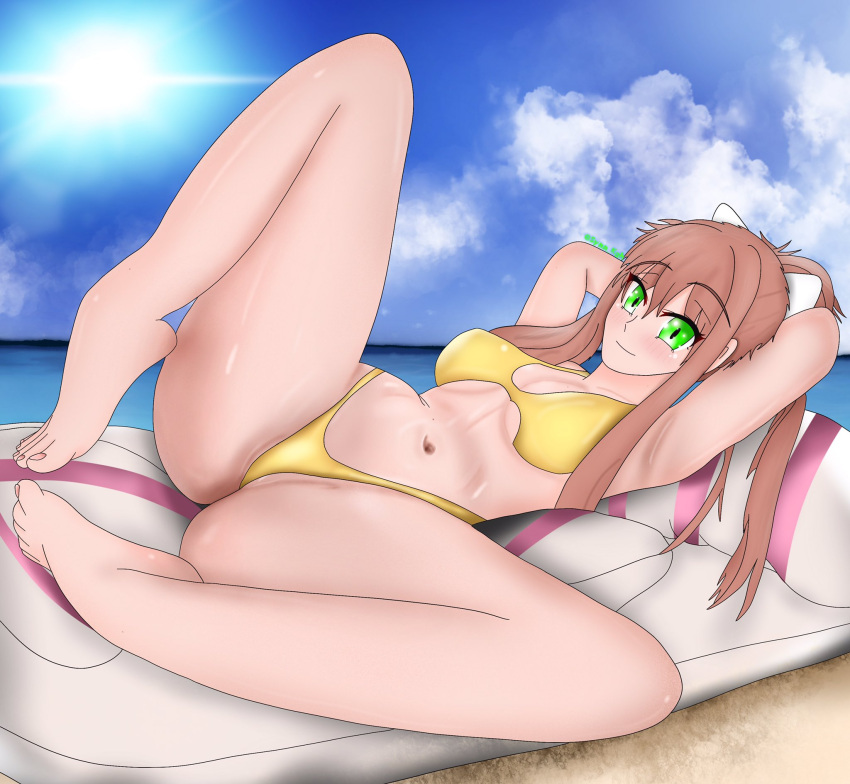 1girls alternate_version_at_source alternate_version_available arms_behind_head barefoot beach beach_towel belly_button big_breasts bikini bikini_bottom bikini_top blush breasts brown_hair chilling cloudy_sky doki_doki_literature_club female female_only full_body green_eyes innie_belly_button laying_down laying_on_back looking_at_viewer monika_(doki_doki_literature_club) nail_polish on_back pillows pink_nails raised_eyebrows relaxing sky smile solo solo_female spread_legs synnkeh toenail_polish toenails towel white_ribbon yellow_bikini yellow_bikini_bottom yellow_bikini_top