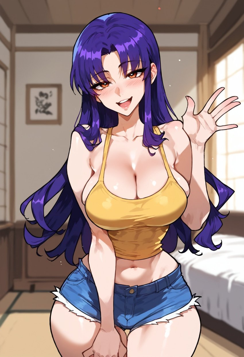 1girls ai_generated bare_arms bare_legs bare_shoulders bare_thighs big_breasts blush brown_hair clothed color female floppydisc hi_res jean_shorts large_breasts light-skinned_female light_skin long_hair misato_katsuragi neon_genesis_evangelion purple_hair solo solo_female tagme thick_thighs