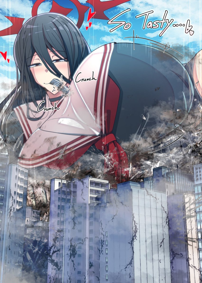 1girls 2d 2d_(artwork) big_breasts blue_archive breasts building building_destruction buildings city city_destruction destruction digital_media_(artwork) eating english english_text female female_focus female_only giant_woman giantess hasumi_(blue_archive) huge_breasts light-skinned_female light_skin long_hair macro macro_female outdoors sky solo solo_female solo_focus tw_eng_div