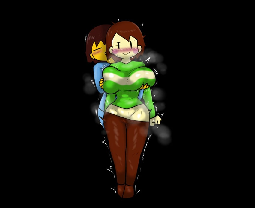 1boy big_breasts blush breasts chara enigi09 frisk groping hand_on_breast undertale undertale_(series)