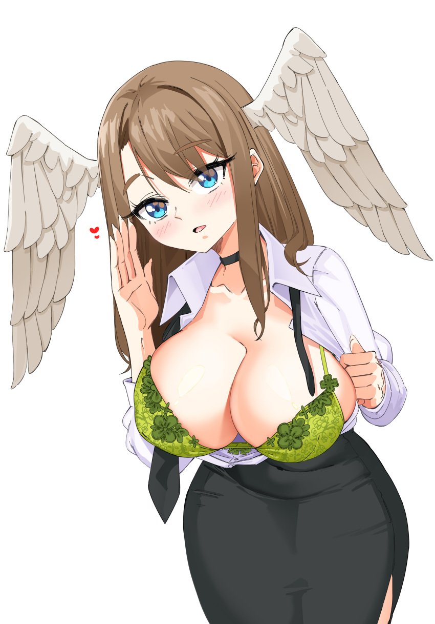 1girls absurd_res asymmetrical_bangs asymmetrical_hair black_choker black_skirt blue_eyes bra breasts brown_hair choker curvy dress_shirt eunie_(xenoblade) feathered_wings female female_only green_bra head_wings heart_symbol highres i_am_anddo large_breasts leaning_forward long_hair monolith_soft nintendo office_lady ornate_bra pencil_skirt side_slit skirt tight_skirt white_dress_shirt white_shirt white_wings wide_hips wings_on_head xenoblade_(series) xenoblade_chronicles_3