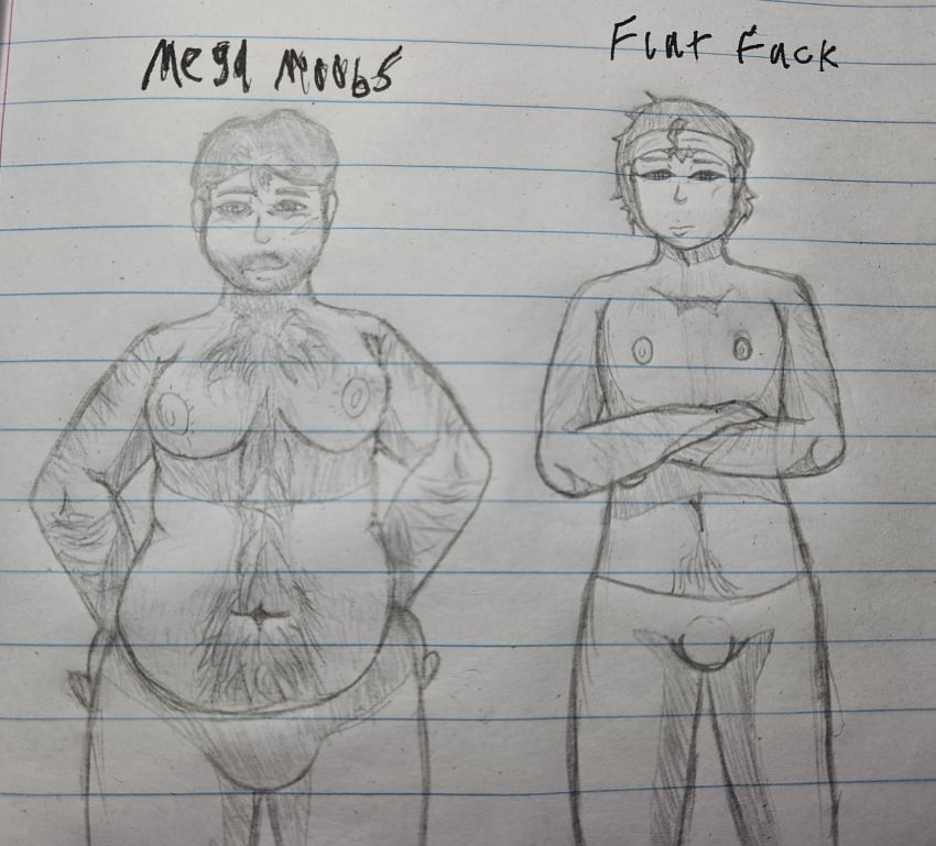 1boy 1girls alyx_vance barney_calhoun breast_size_comparison breast_size_difference chubby chubby_male disappointed dragonluigiowo erection erection_under_clothes flat_chest hairy half-life half-life_2 line_paper male_breasts pencil_(artwork) shirtless sketch smug traditional_art traditional_media_(artwork)