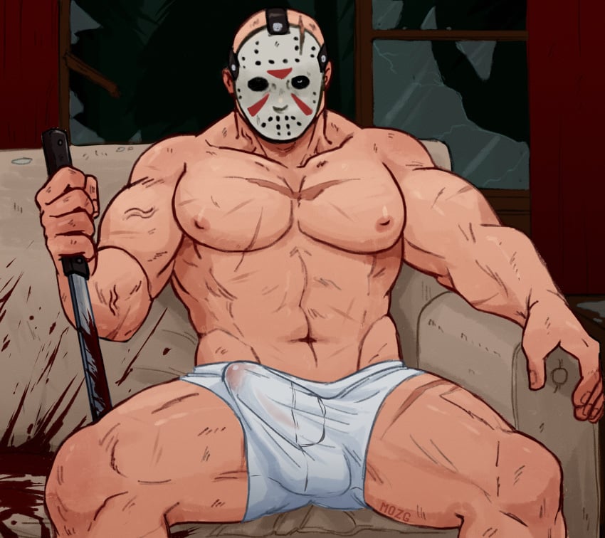 balls bara blood boner bulge erection erection_under_clothes friday_the_13th hockey_mask jason_voorhees machete male male_only mask mozgistired muscles muscular penis shirtless sitting solo solo_male spread_legs