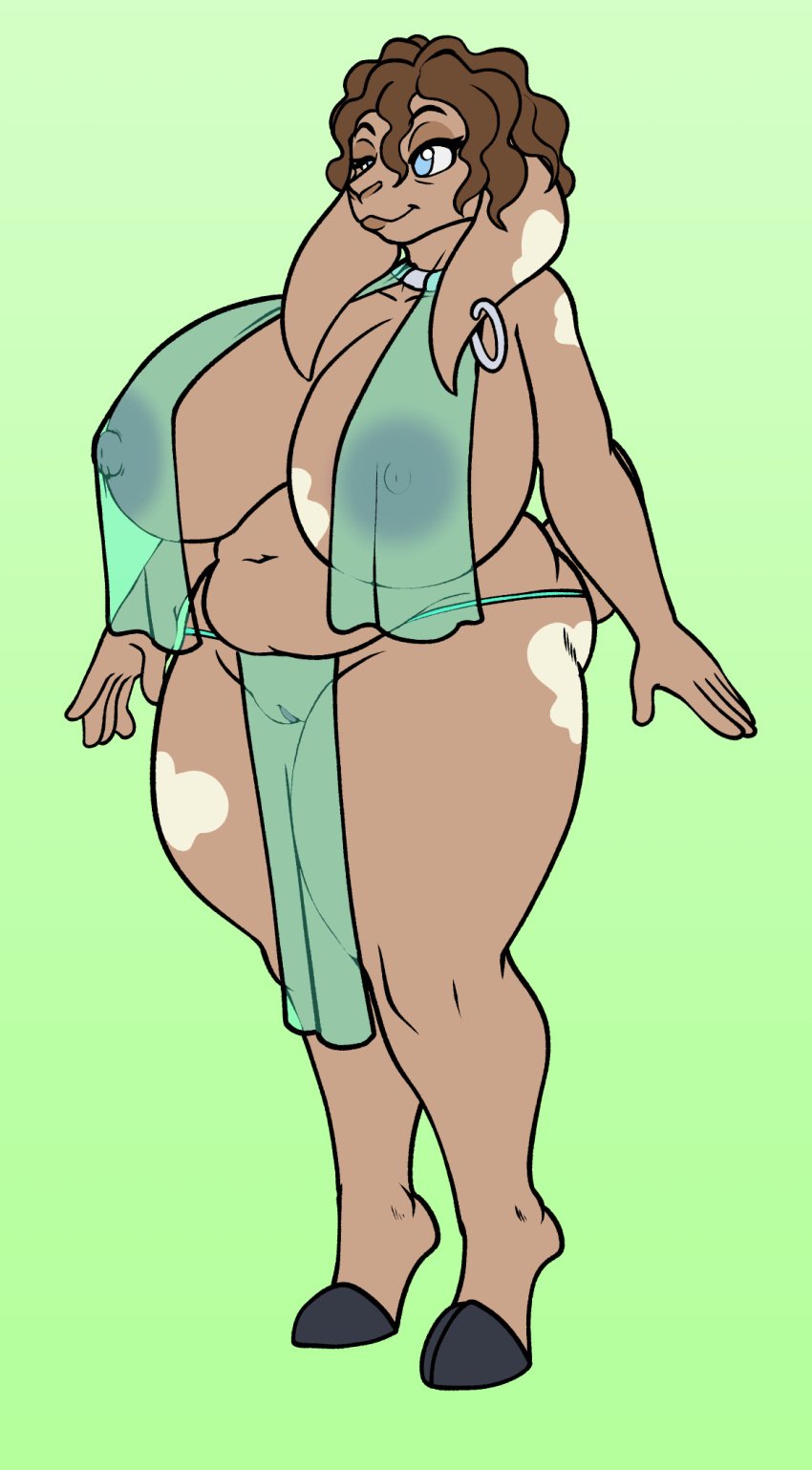 anthro ass big_breasts big_butt blue_eyes bovid breasts brown_body brown_hair caprine clothed clothing cloven_hooves digitigrade female fours_(artist) goat hair hi_res hooves mammal mature_female skimpy slightly_chubby solo translucent translucent_clothing