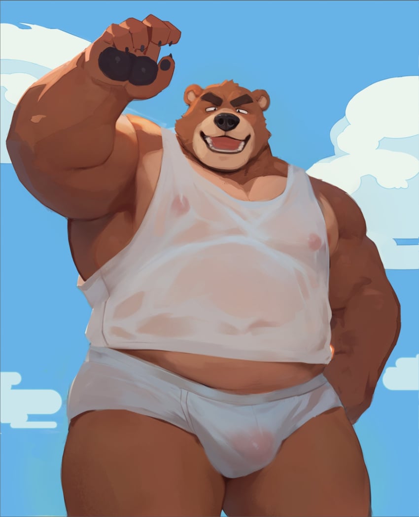 2024 anthro barazoku bear belly black_nose brown_body bulge clothing cloud hi_res kemono male mammal moobs musclegut muscular nipples open_mouth overweight overweight_male qigiu shirt solo topwear translucent translucent_clothing translucent_shirt translucent_topwear underwear