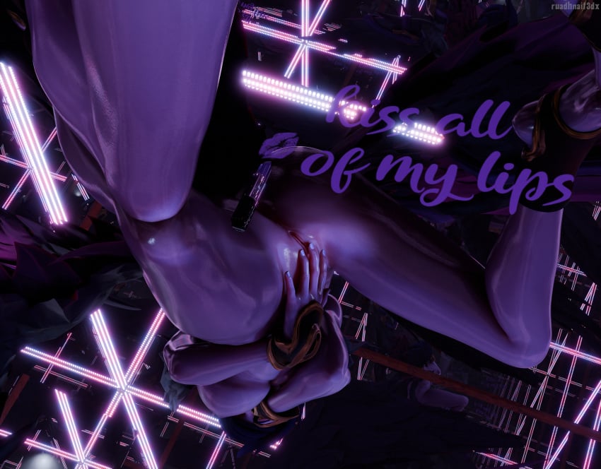 1girls 3d artist_name breasts dark_hair elf_ears female female_only finger_on_lip glowing_eyes hand_on_pussy kneeling large_breasts league_of_legends led_light lipstick lipstick_mark mirror mirror_reflection morgana pale_skin purple_hair pussy reflection reflective_floor riot_games ruadhnait3dx self_upload solo solo_female watermark wings wristbands writing