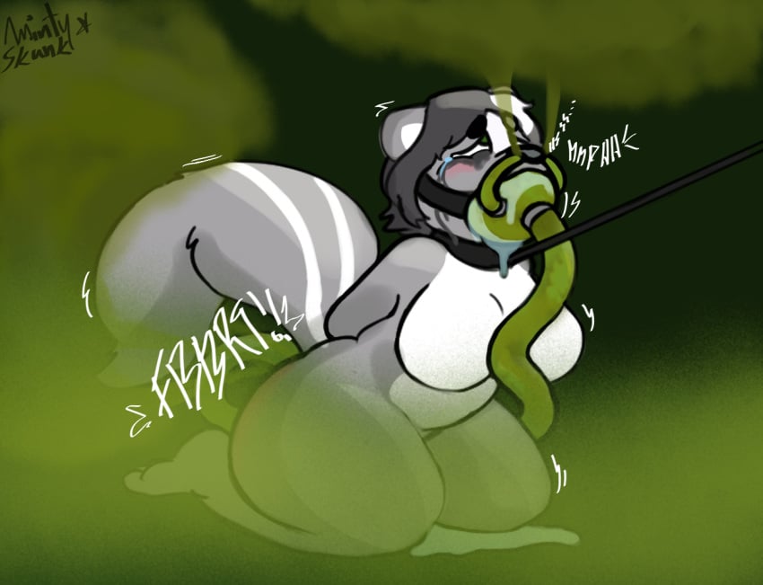 anthro ass ball_gag big_butt breasts cum cumming digital_media_(artwork) fart fart_cloud fart_fetish female gag mammal mephitid mintyskunk nude orgasm simple_background skunk solo stimulation tail text tube