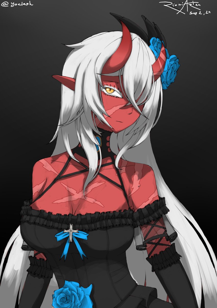 akumi big_breasts female horns oni oni_horns red_skin scars virtual_youtuber vyugen white_hair yellow_eyes