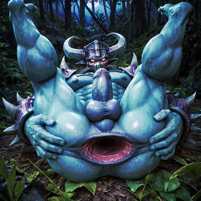 1boy ai_generated anal_gape anus armor ass balls bara barazoku big_anus blue_body blue_skin erection forest gape gaping gaping_anus hands_on_ass helmet horns humanoid kassadin league_of_legends legs_up looking_at_viewer lying lying_down lying_on_back male male_only mask mostly_nude nude on_back penis perineum riot_games solo spread_anus stable_diffusion yellow_eyes