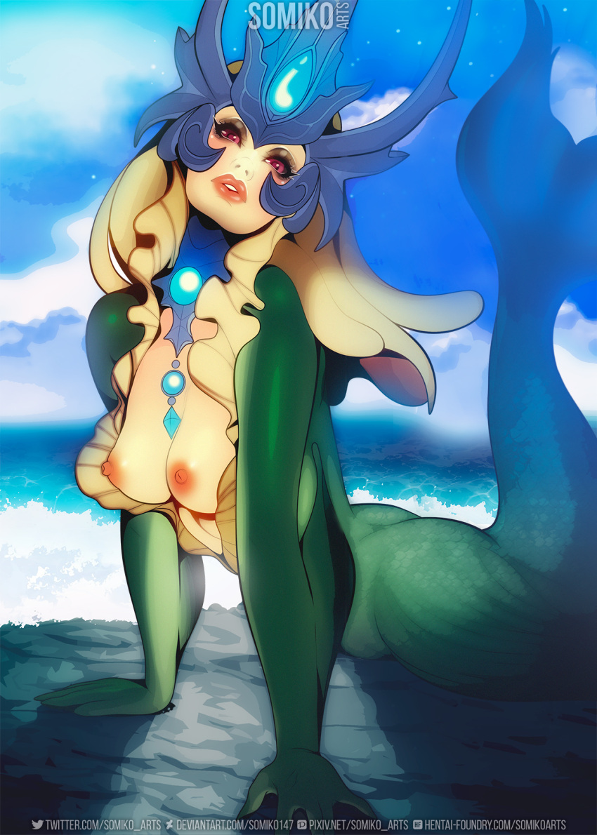 1girls arm_support ass black_sclera breasts breasts_out female helmet highres jewelry league_of_legends looking_at_viewer mermaid monster_girl multicolored_skin nami_(league_of_legends) nipples outdoors red_eyes solo somikoarts tail tail_fin water