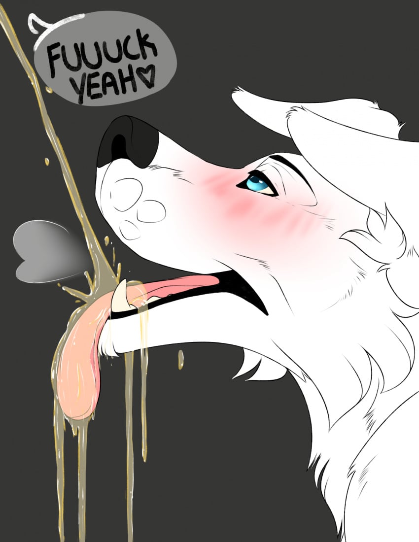 ambiguous_gender anthro blush bodily_fluids canid canine canis digital_media_(artwork) drinking drinking_urine fur genital_fluids hi_res looking_pleasured mammal mixed_breed open_mouth peeing smile solo speech_bubble starryprince text tongue urine urine_in_mouth urine_on_tongue urine_stream watersports