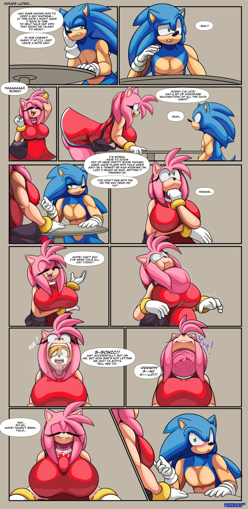 1girls 2boys amy_rose aroused big_breasts blue_fur blue_hair blush blushing_male breasts breath_cloud bulge_through_clothing comic drool english_text face_imprint female_pred foxynoms gloves huge_breasts male_prey miles_prower muscles muscular_male oral_vore pecs pink_fur pink_hair smile sonic_(series) sonic_the_hedgehog sonic_the_hedgehog_(series) swallowing tails_the_fox throat_bulge tongue_out unwilling_prey vore