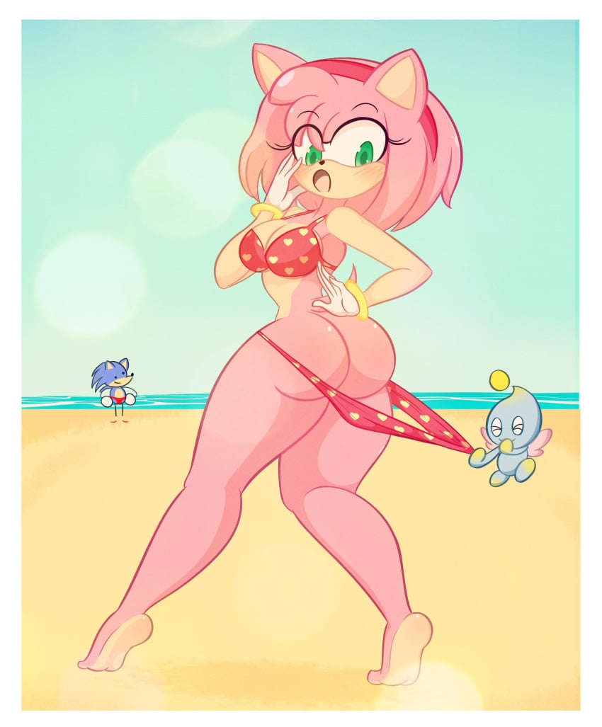 1girls amy_rose ass bikini breasts chao_(sonic) coppertone female limbros sonic_(series) sonic_speed_simulator sonic_the_hedgehog tagme