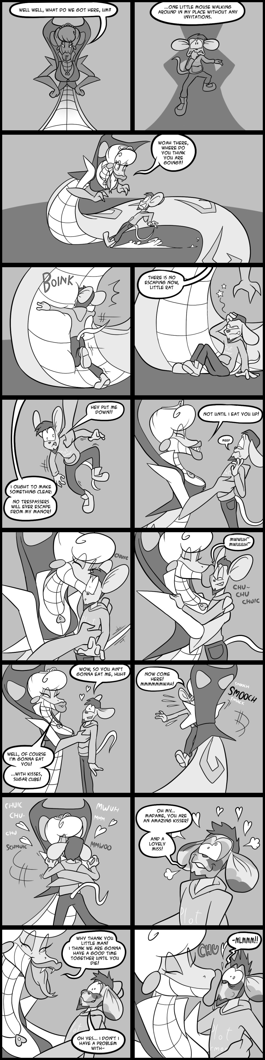 age_difference anthro anthro_on_anthro arms_around_partner arms_wrapped_around_partner big_lips black_and_white comic dialogue fangs furry jamearts kiss_mark kissing lifting_person lipstick lipstick_mark madame_lilith_(jamearts) mouse mouse_boy older_female overshadow panels saliva scalie size_difference snake snake_girl snake_tail snake_tongue tongue tongue_out