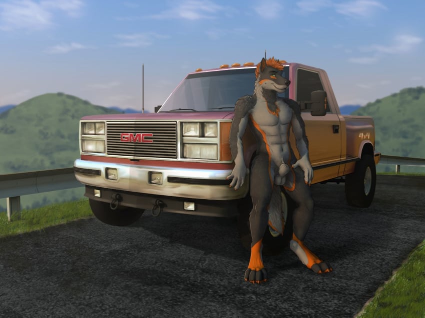 2015 abs animal_genitalia anthro balls biceps black_fur canine claws digital_media_(artwork) fox fur german_shepherd green_eyes grey_fur hand_on_hip hybrid looking_at_viewer male male_only mammal mountain multicolored_fur muscular nude orange_fur outside pecs pickup road sheath sky smile solo standing truck vehicle virtyalfobo