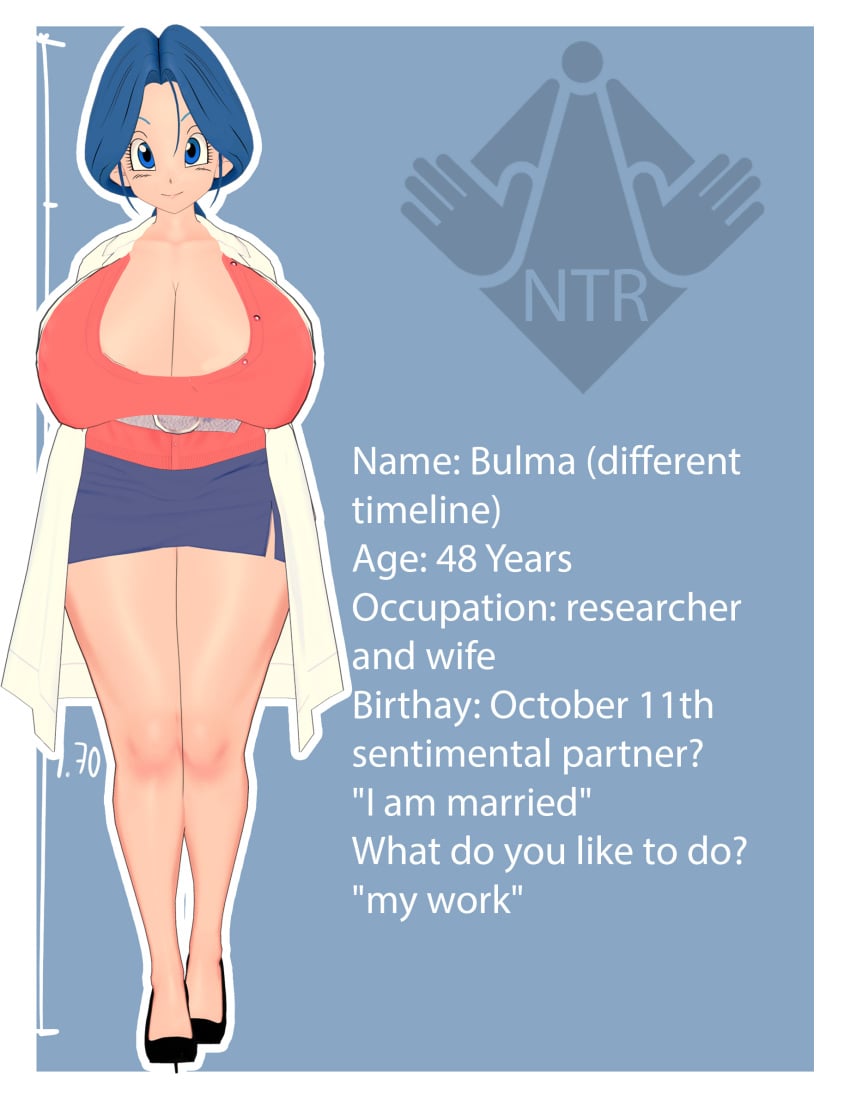 1girls 3d absurd_res absurdres big_breasts blue_eyes blue_hair breasts bulma_briefs character_sheet dragon_ball english_text full_body future_bulma hi_res high_heels high_resolution highres looking_at_viewer mature mature_female milf skirt smile text thick_thighs vyrus_smith