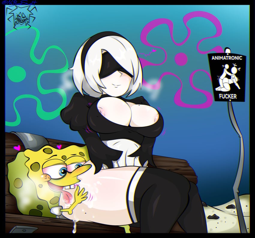 1boy 1girls ass breasts crossover eastern_and_western_character female freakybob_pisspants_(character) nickelodeon nicktoons nier:_automata nier_(series) nipples open_mouth presenting saliva sexually_suggestive short_hair spongebob_squarepants spongebob_squarepants_(character) spongebob_squarepants_(series) tongue_out united_plankton_productions white_hair yorha_2b