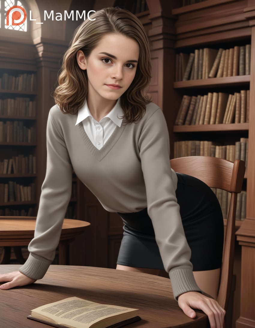 ai_generated black_skirt brown_eyes brown_hair female gray_sweater harry_potter hermione_granger l_mammc library looking_at_viewer miniskirt pale_skin pony_diffusion_xl realistic_breast_size solo watermark white_shirt