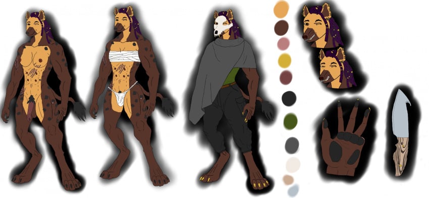 anatomically_correct animal_genitalia breasts clothed clothing female genitals hi_res humanoid hyena knife korasu mammal mask model_sheet muscular nadalcameron nipples nude piercing pseudo-penis scar skull_mask solo spotted_hyena underwear