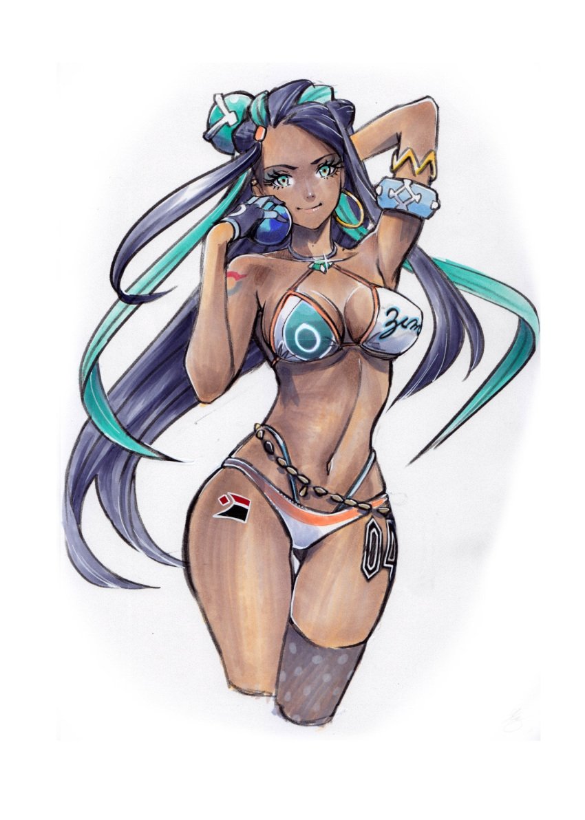 1girls bikini black_hair blue_hair blue_highlights cleavage compact_body dark-skinned_female dark_skin game_freak green_eyes hand_behind_head large_breasts multicolored_hair nessa_(pokemon) nintendo pokemon pokemon_ss rodrigo_yoshimiya solo white_background