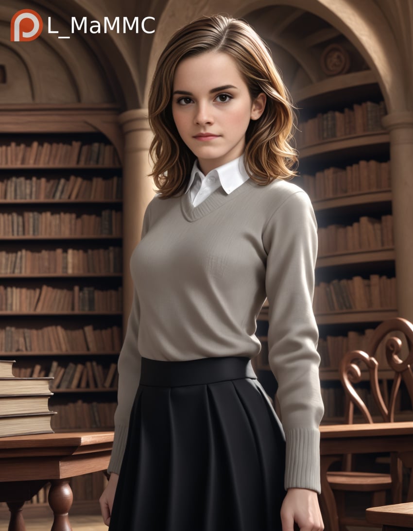 ai_generated black_skirt brown_eyes brown_hair gray_sweater harry_potter hermione_granger l_mammc library looking_at_viewer natural_breasts pale_skin pony_diffusion_xl realistic_breast_size standing watermark white_shirt