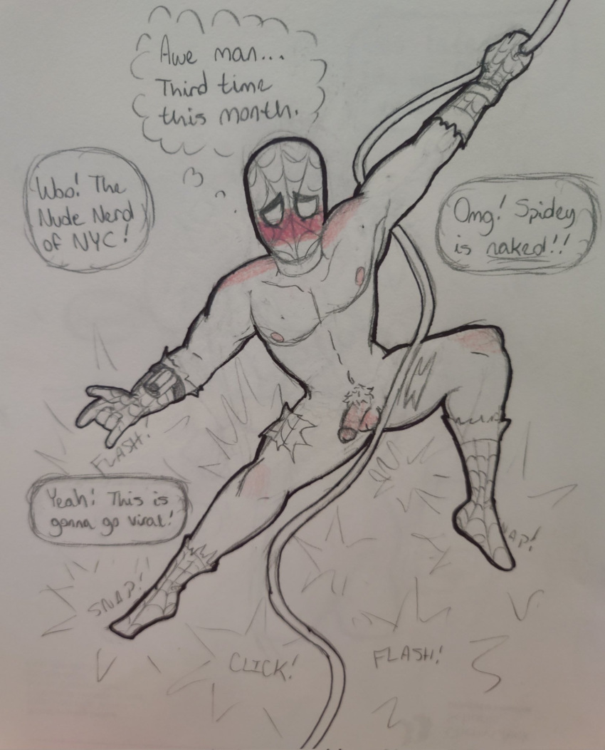 1boy balls blushing camera_flash candyqt_pi humiliated humiliation male male_only marvel marvel_comics penis public_exposure public_humiliation ripped_clothing senftember senftember_(2024) spider-man spider-man_(series) tagme traditional_drawing_(artwork) traditional_media_(artwork)