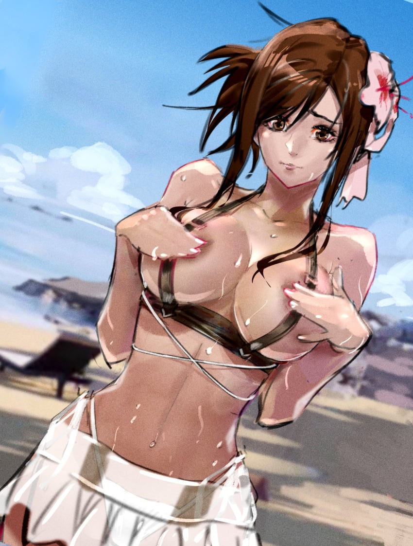 1girls beach brown_eyes brown_hair cleavage covering_nipples final_fantasy final_fantasy_vii final_fantasy_vii_rebirth final_fantasy_vii_remake flower_in_hair huge_breasts looking_at_viewer rodrigo_yoshimiya seaside see-through_skirt sweat thong tifa_lockhart