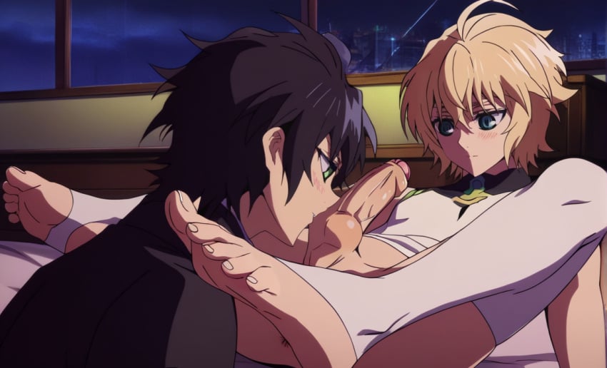 2boys ai_generated anus bed black_hair blonde_hair boys_love feet gay hyakuya_michaela hyakuya_yuuichirou ikntlive kissing male_only owari_no_seraph penis romantic romantic_couple stirrup_legwear uniform yaoi