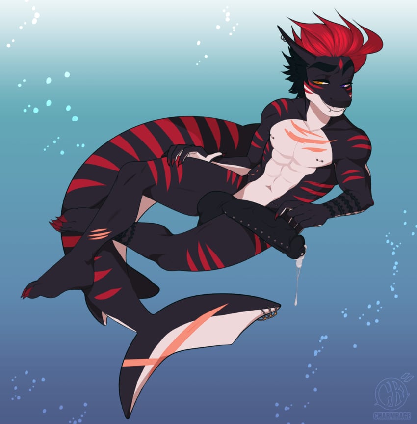 1boy 5_fingers anthro black_hair charmrage ear_piercing fin fin_piercing fish furgonomics furry-specific_piercing hair heterochromia male male_only marine penis piercing red_hair shark solo