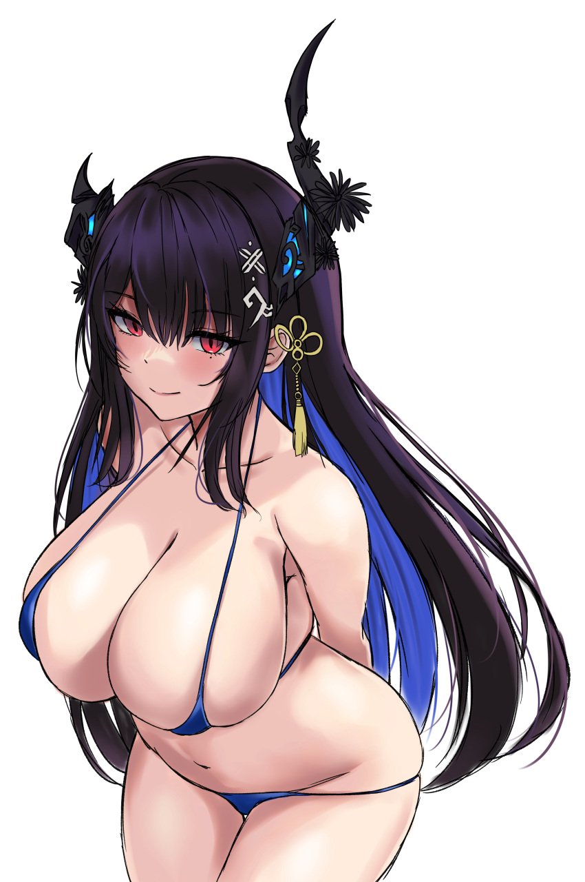 1girls absurdres arms_behind_back bikini black_hair blue_bikini blue_hair breasts cleavage colored_inner_hair curvy female hair_ornament highres hololive hololive_english hololive_english_-advent- horns large_breasts long_hair looking_at_viewer micro_bikini mole mole_under_eye navel nerissa_ravencroft rain_(rain910) red_eyes simple_background smile solo stomach swimsuit tassel tassel_hair_ornament two_tone_hair very_long_hair virtual_youtuber white_background