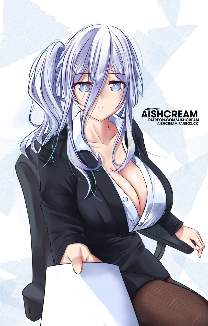 2d 2d_(artwork) aishcream big_breasts blue_eyes breasts chair cleavage date_a_live female female_only grey_hair light-skinned_female looking_at_viewer milf murasame_reine pantyhose paper secretary secretary_outfit sitting solo solo_female thighs uniform